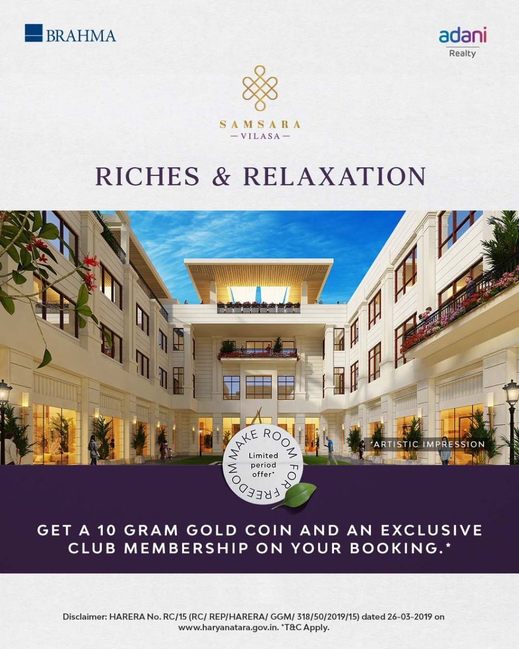 Get a 10 gram gold coin and an exclusive club membership on your booking at Adani Samsara Vilasa, Gurgaon