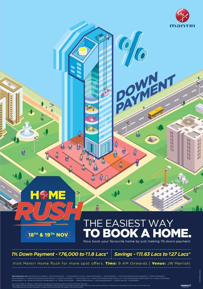 Book your Mantri dream home with just 1% down payment during Mantri Home Rush