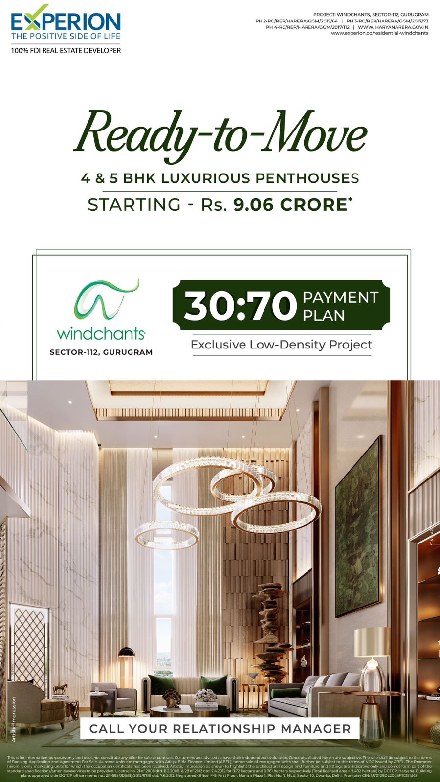 Ready-to-Move 4 & 5 BHK Penthouses by Experion at Windchants, Gurgaon starting at Rs. 9.06 Crore. Update