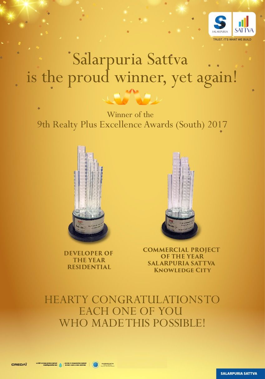 Salarpuria Sattva won the 9th Realty Plus Excellence Award (South) 2017 Update