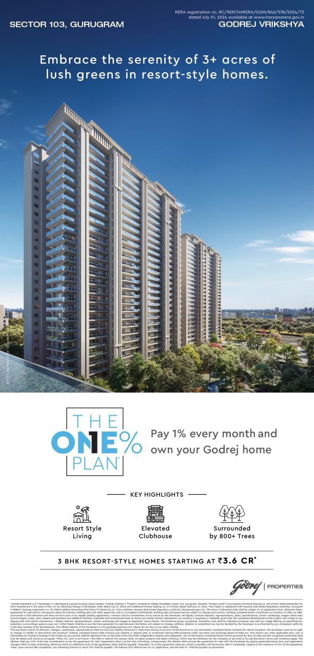 3 BHK Homes in Sector 103, Gurugram, from ?3.6 Cr, Godrej Vrikshya Update