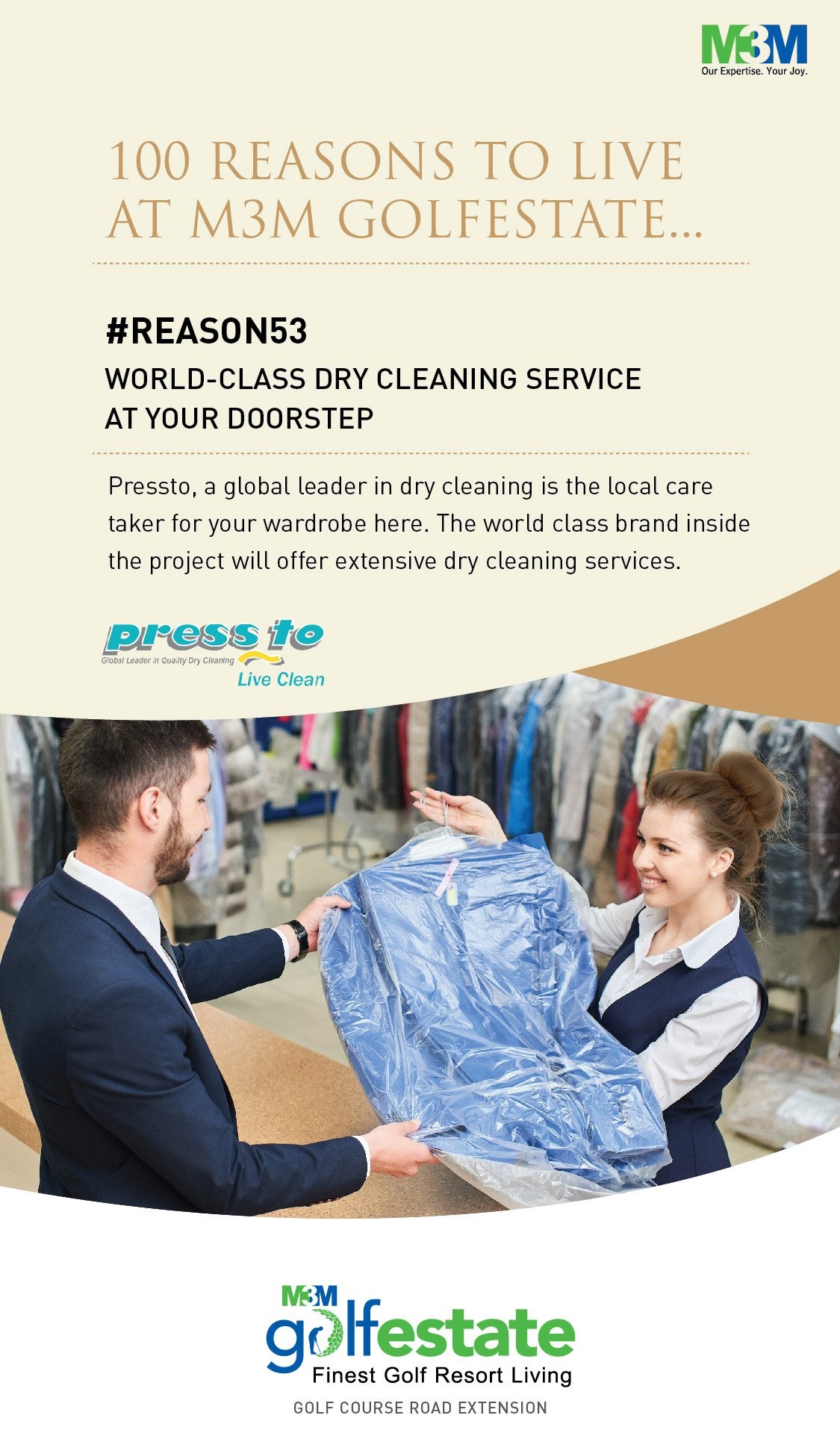 In M3M Golf Estate get extensive dry cleaning services at your doorstep with Pressto Update