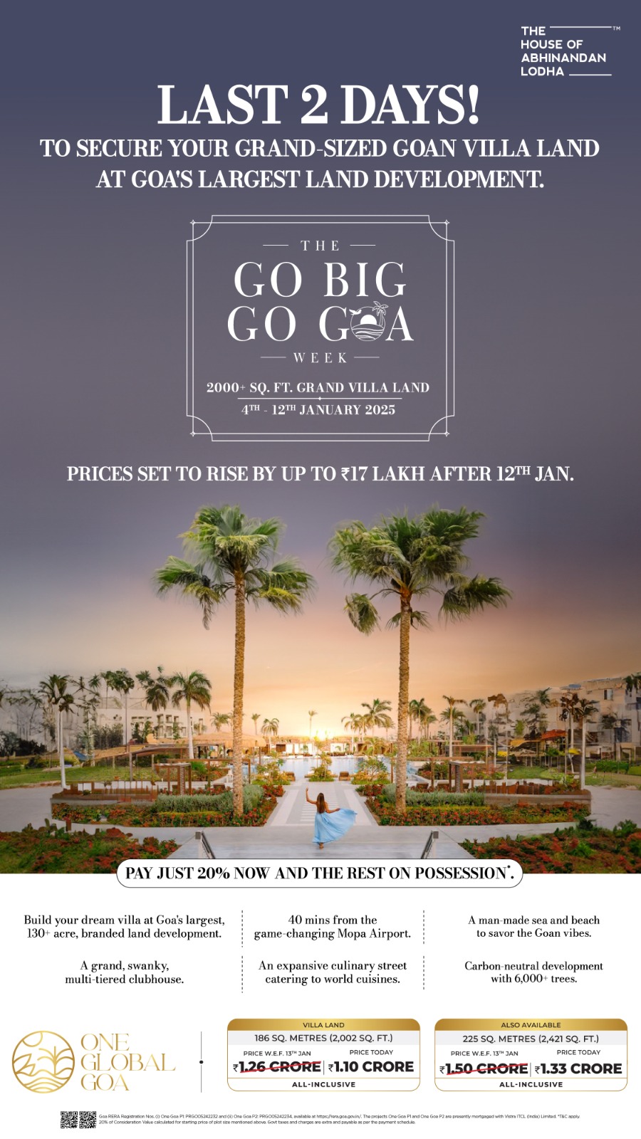 Last 2 Days to Secure Your Grand Goan Villa Land at One Global Goa Update