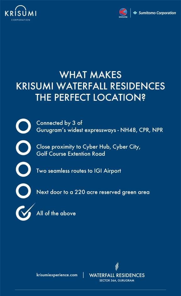 Krisumi Waterfall Residences: The Ideal Synthesis of Connectivity and Serenity in Sector 36A, Gurugram Update